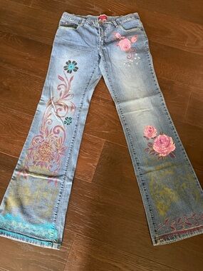 bebe Light Blue Floral Embroidered Flare Jeans